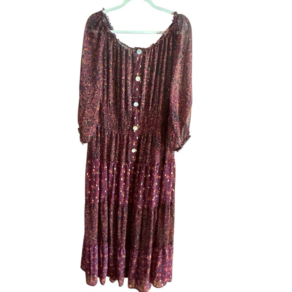 Figueroa & Floral Boho Burgundy‎ Tiered Woman's Maxi Dress Sz 2X Floral Leopard